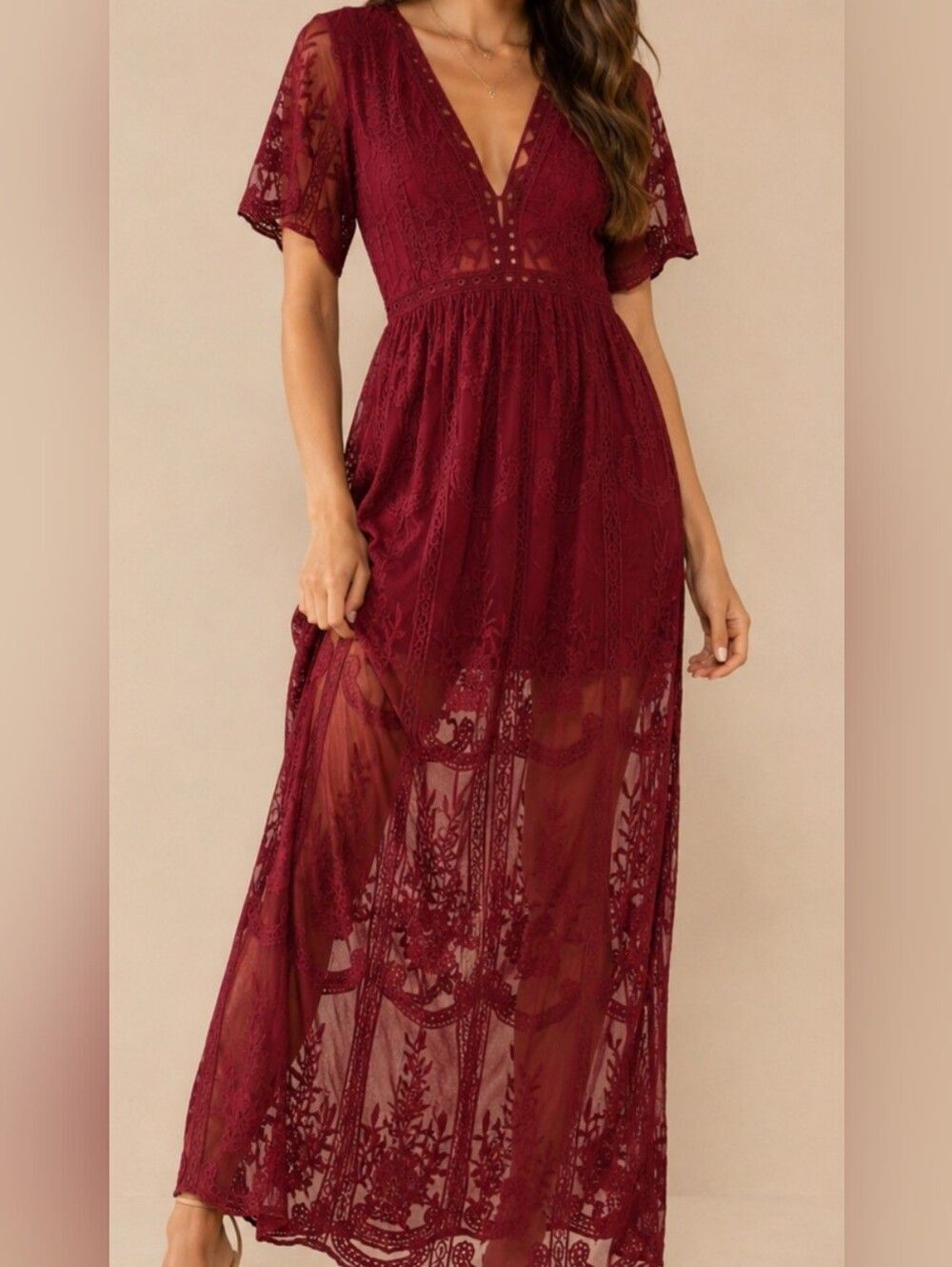 ELETER Burgundy Lace Maxi Dress Sz S Boho Sheer Overlay Lined  Short Sleeve